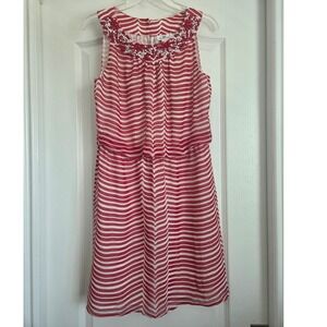Vineyard Vines Silk Dress Red‎ White Striped Beaded Neck Sleeveless Sz S Party
